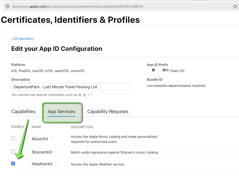 Apple Developer App Services WeatherKit configuration